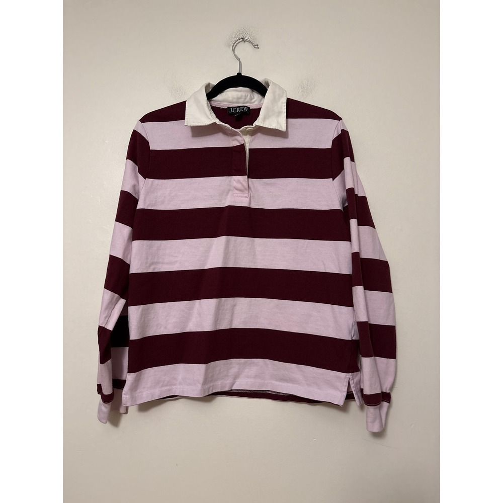 J.Crew Womens Striped Rugby Shirt Burgundy Pink Long Sleeve Cotton Top Size M